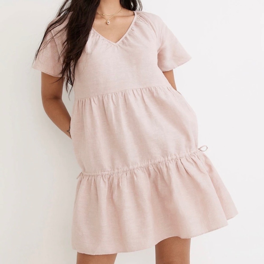 Madewell Pink Linen Blend Tiered Babydoll V-Neck Short Sleeve Dress Small